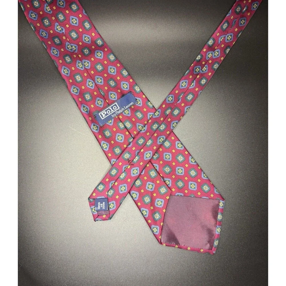 Polo by Ralph Lauren Silk Neck Tie Red Blue Neat Geometric Classic Mens USA